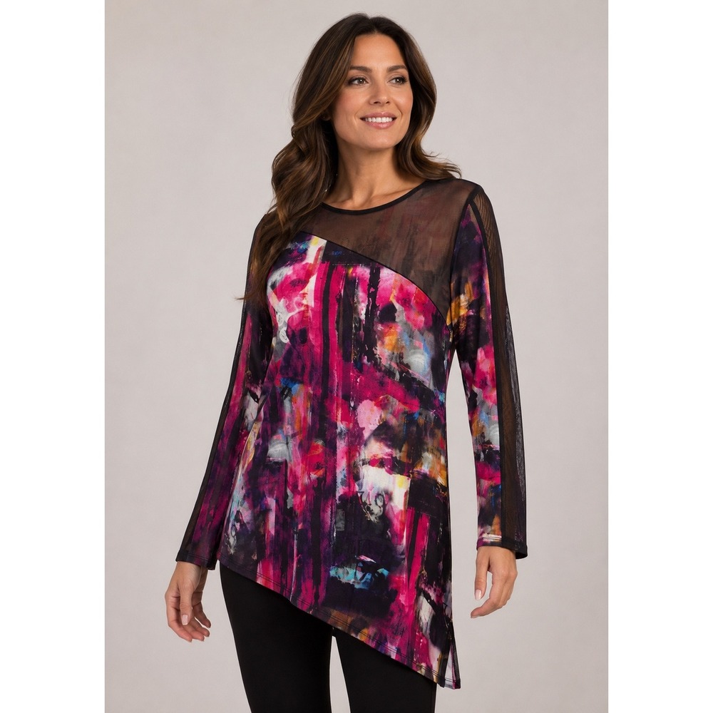 Jolibel Womens Top Mesh Assymetrical Hem Artsy Art to Wear Watercolor‎ Size 10
